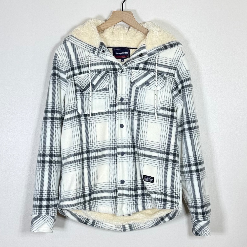 Aeropostale Womens Sherpa Lined Fleece Shacket S Gray White Plaid Hooded Y2K
